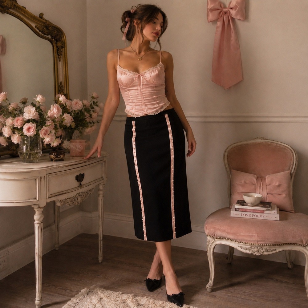 Vintage MARK Black Midi Skirt Sz 10 Pink Satin Pearl Trim 90s Romantic Coquette